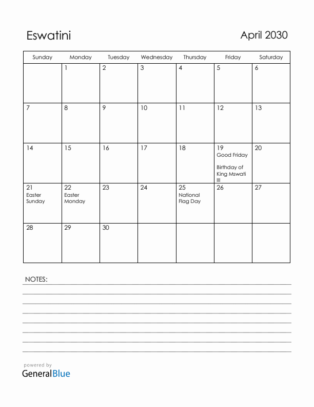 April 2030 Eswatini Calendar with Holidays (Sunday Start)