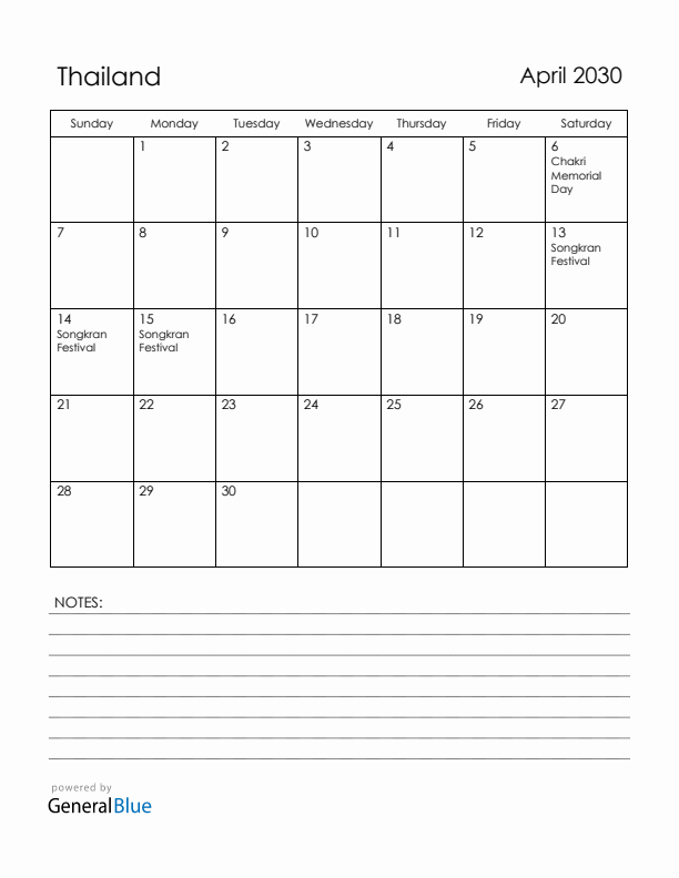 April 2030 Thailand Calendar with Holidays (Sunday Start)