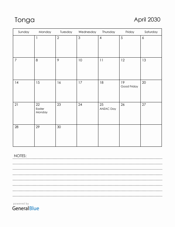 April 2030 Tonga Calendar with Holidays (Sunday Start)