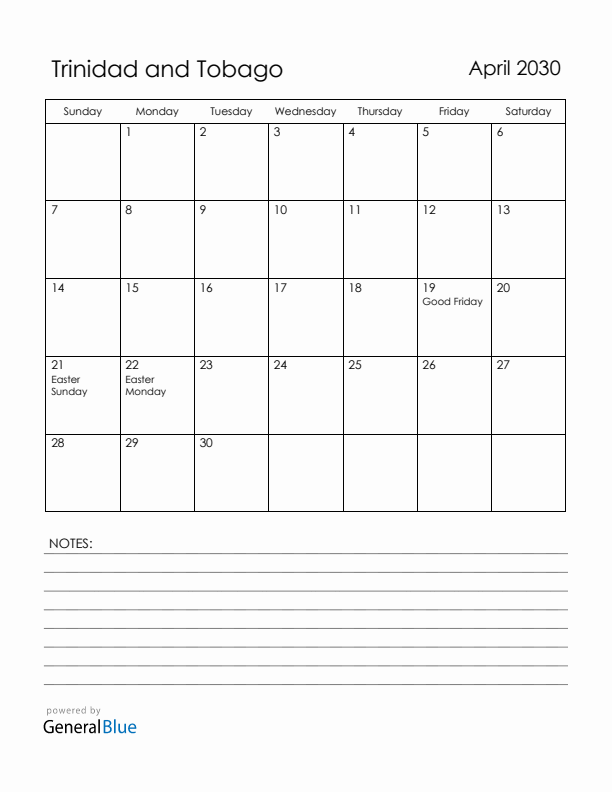 April 2030 Trinidad and Tobago Calendar with Holidays (Sunday Start)
