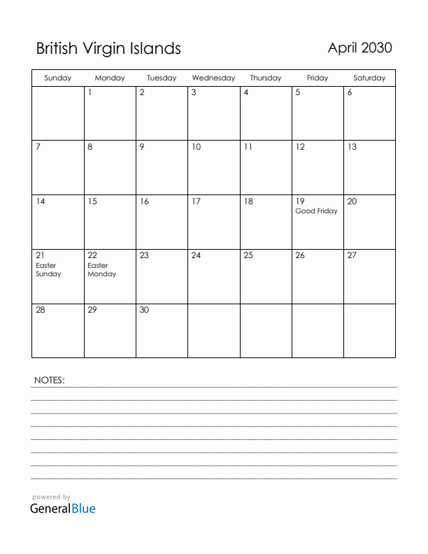April 2030 British Virgin Islands Calendar with Holidays (Sunday Start)