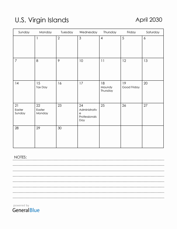April 2030 U.S. Virgin Islands Calendar with Holidays (Sunday Start)