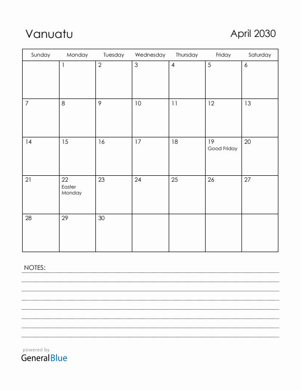 April 2030 Vanuatu Calendar with Holidays (Sunday Start)