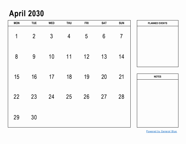 April 2030 Calendar Planner