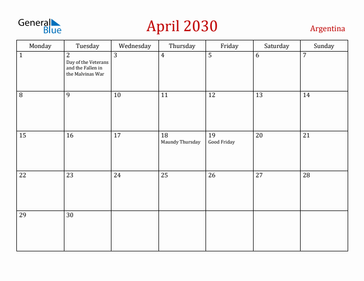 Argentina April 2030 Calendar - Monday Start