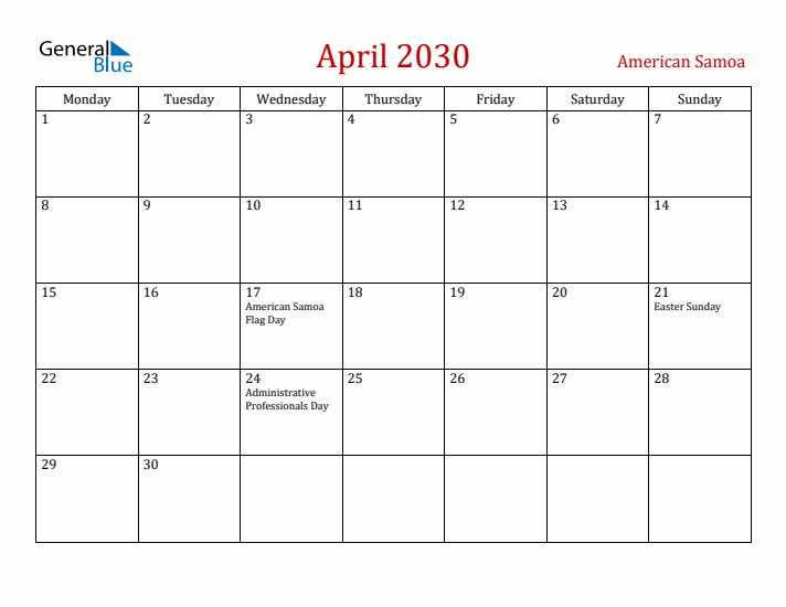 American Samoa April 2030 Calendar - Monday Start