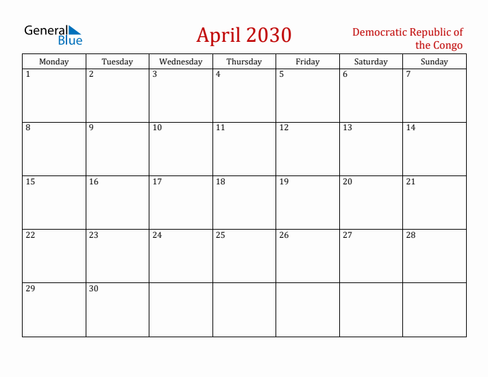 Democratic Republic of the Congo April 2030 Calendar - Monday Start