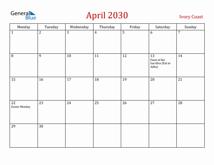 Ivory Coast April 2030 Calendar - Monday Start