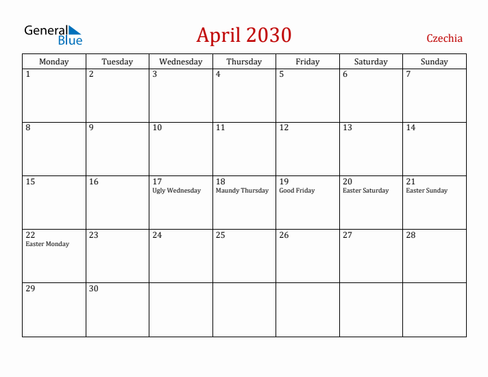 Czechia April 2030 Calendar - Monday Start