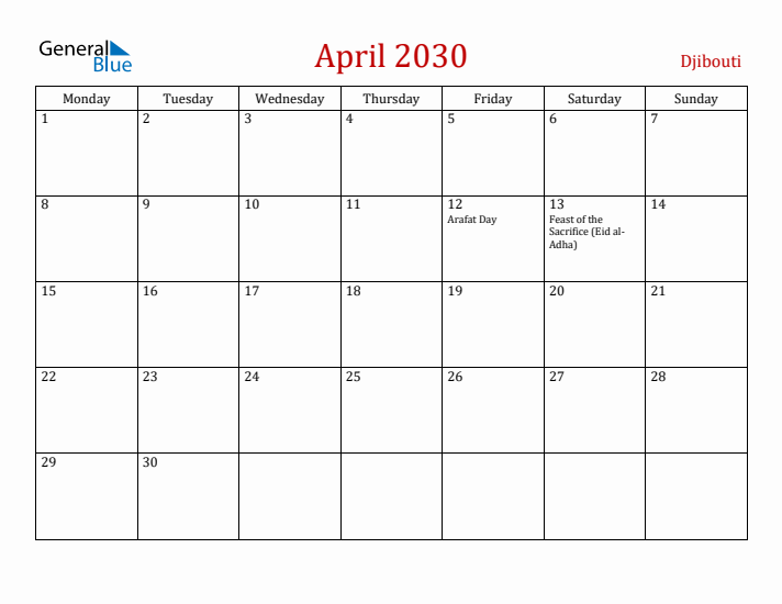 Djibouti April 2030 Calendar - Monday Start
