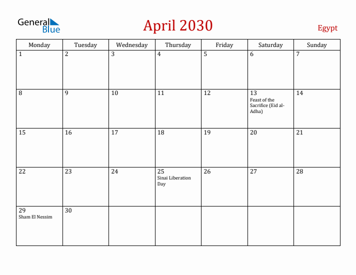 Egypt April 2030 Calendar - Monday Start