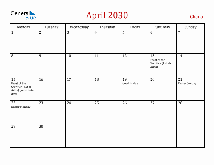 Ghana April 2030 Calendar - Monday Start