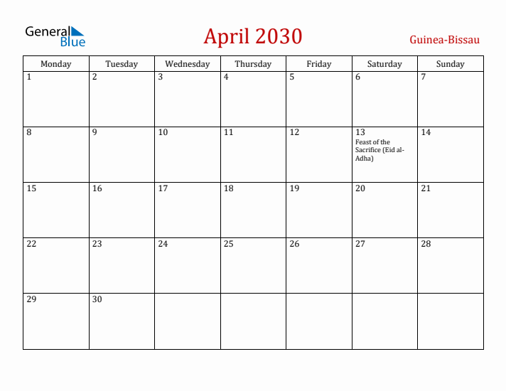 Guinea-Bissau April 2030 Calendar - Monday Start