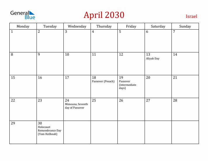 Israel April 2030 Calendar - Monday Start