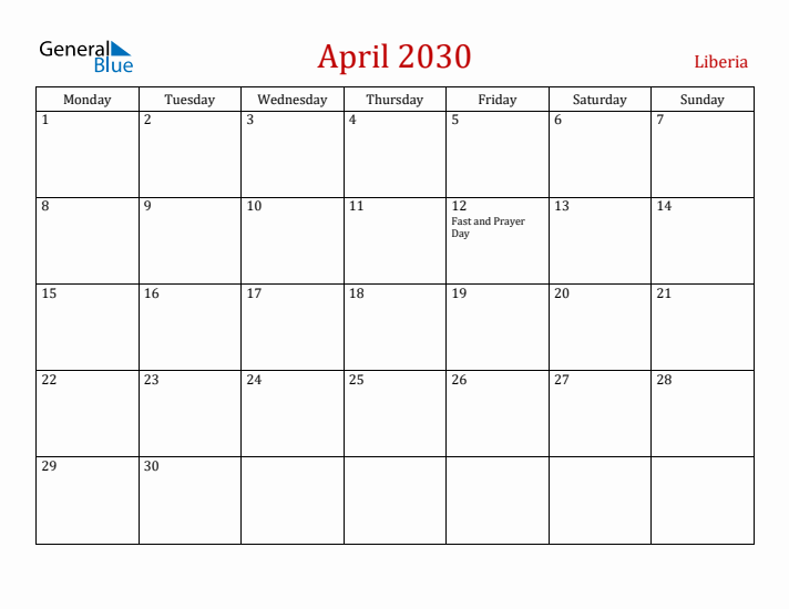 Liberia April 2030 Calendar - Monday Start