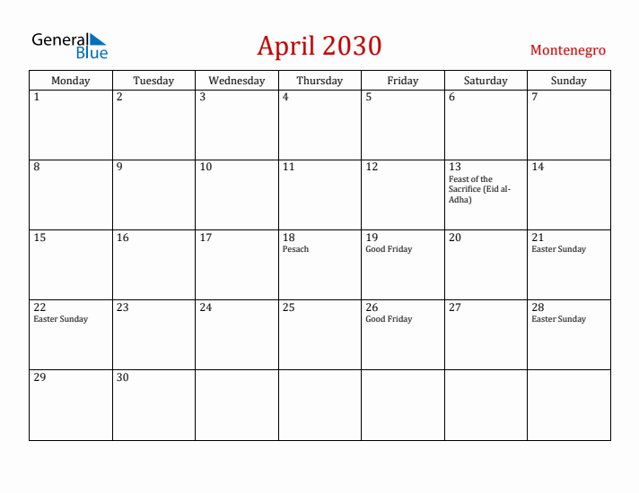 Montenegro April 2030 Calendar - Monday Start