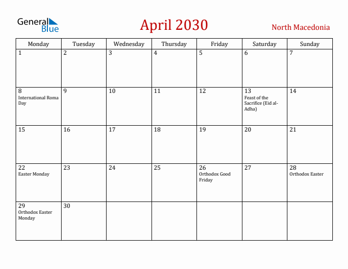 North Macedonia April 2030 Calendar - Monday Start