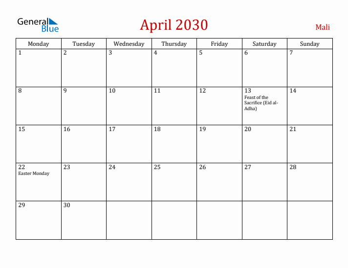 Mali April 2030 Calendar - Monday Start