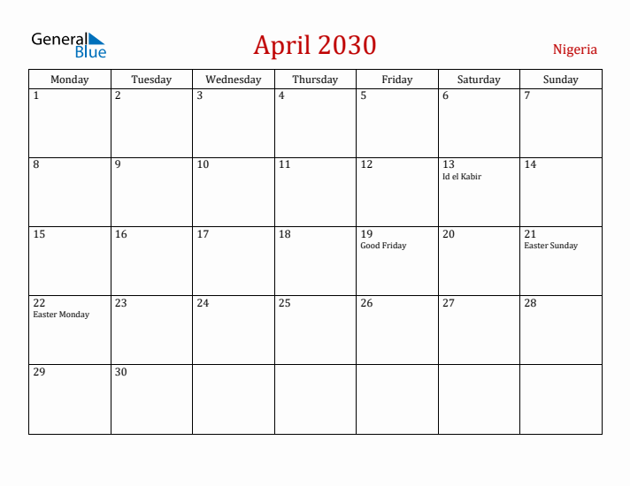 Nigeria April 2030 Calendar - Monday Start