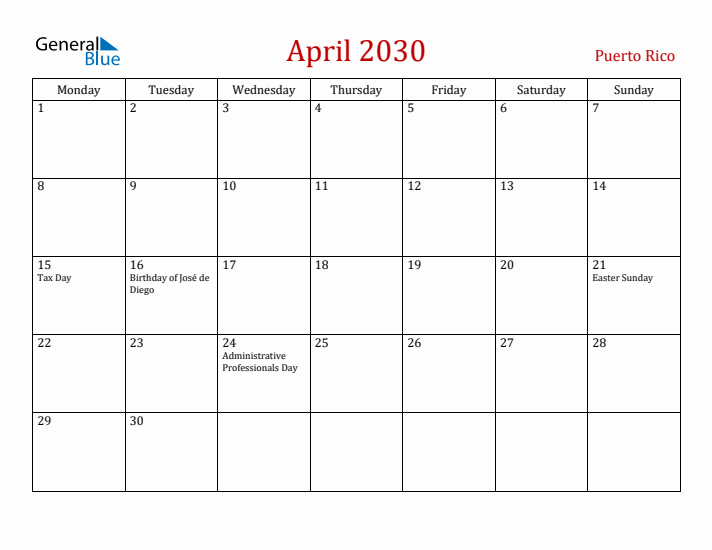 Puerto Rico April 2030 Calendar - Monday Start