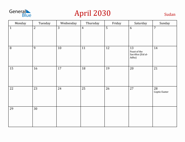 Sudan April 2030 Calendar - Monday Start