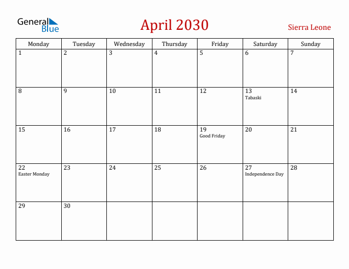 Sierra Leone April 2030 Calendar - Monday Start