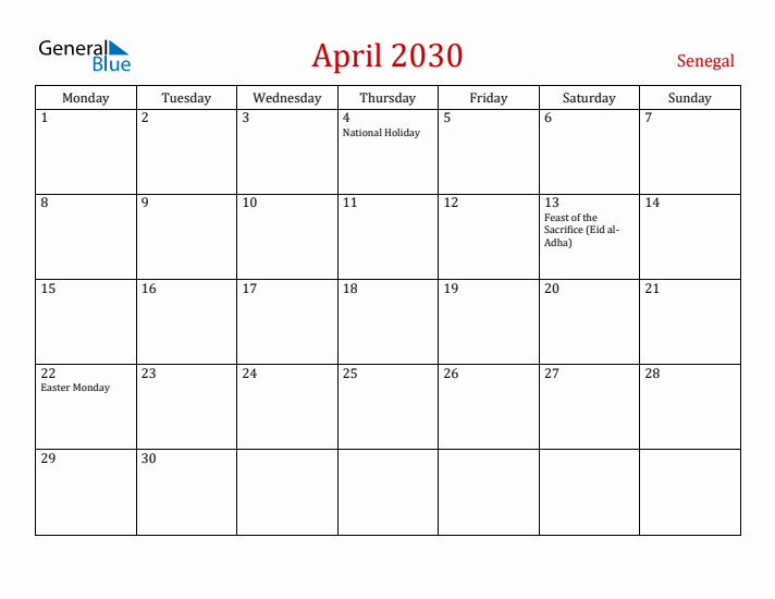 Senegal April 2030 Calendar - Monday Start