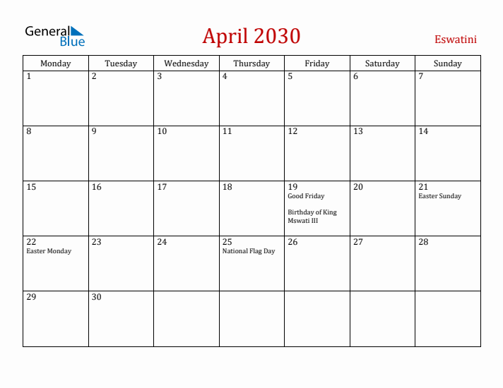 Eswatini April 2030 Calendar - Monday Start