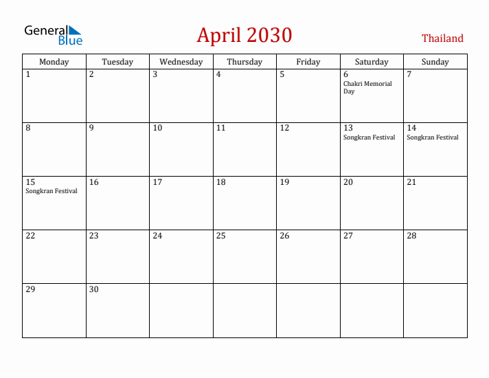 Thailand April 2030 Calendar - Monday Start
