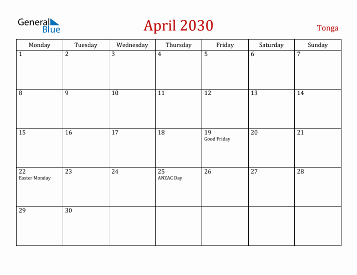 Tonga April 2030 Calendar - Monday Start