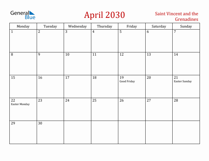 Saint Vincent and the Grenadines April 2030 Calendar - Monday Start