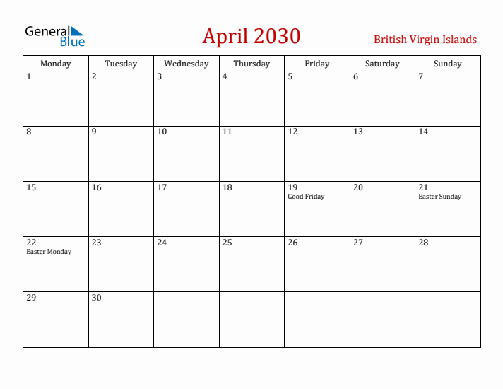 British Virgin Islands April 2030 Calendar - Monday Start