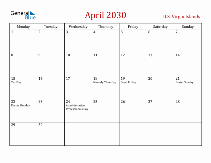 U.S. Virgin Islands April 2030 Calendar - Monday Start