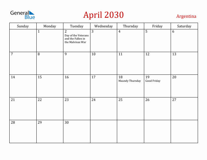 Argentina April 2030 Calendar - Sunday Start