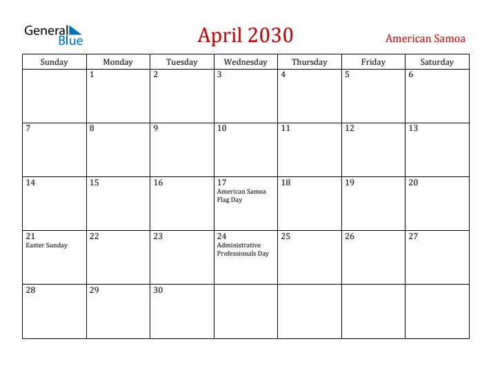 American Samoa April 2030 Calendar - Sunday Start
