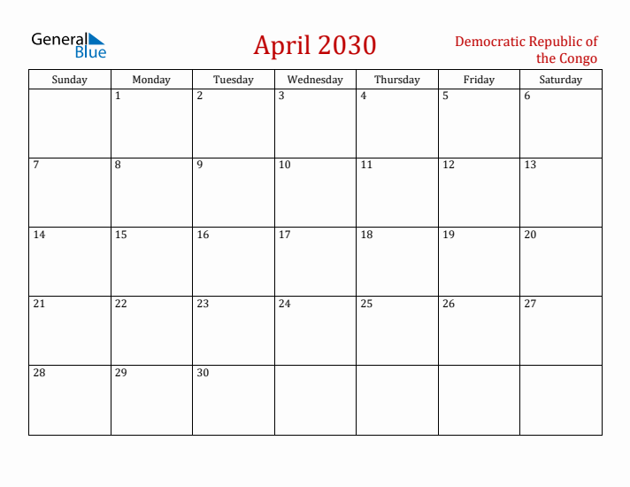 Democratic Republic of the Congo April 2030 Calendar - Sunday Start