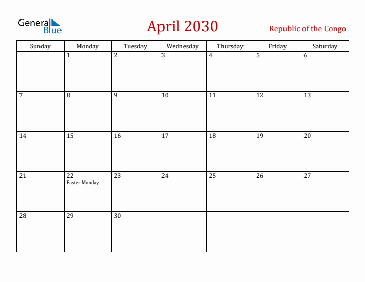 Republic of the Congo April 2030 Calendar - Sunday Start