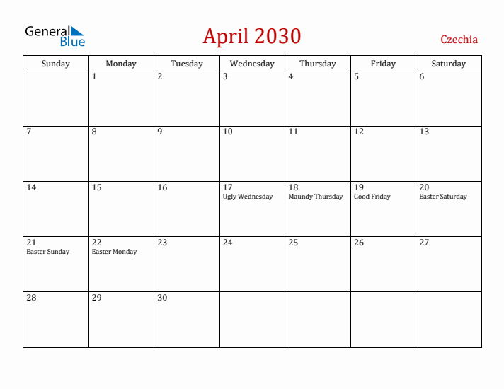 Czechia April 2030 Calendar - Sunday Start