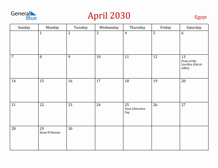 Egypt April 2030 Calendar - Sunday Start