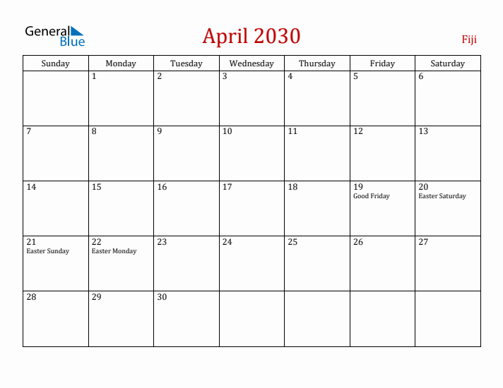 Fiji April 2030 Calendar - Sunday Start