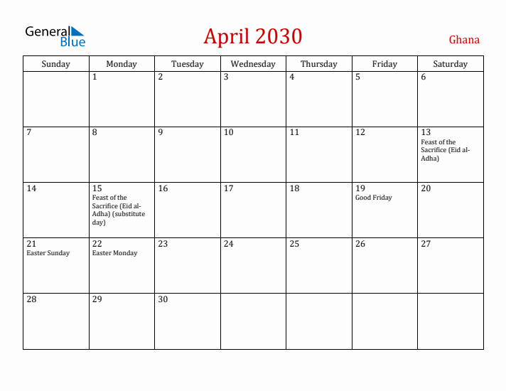 Ghana April 2030 Calendar - Sunday Start