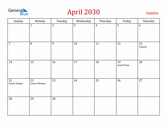 Gambia April 2030 Calendar - Sunday Start
