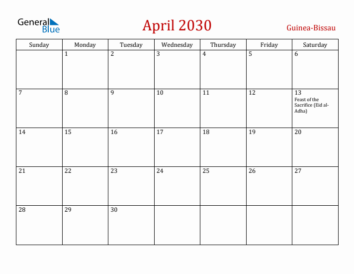 Guinea-Bissau April 2030 Calendar - Sunday Start