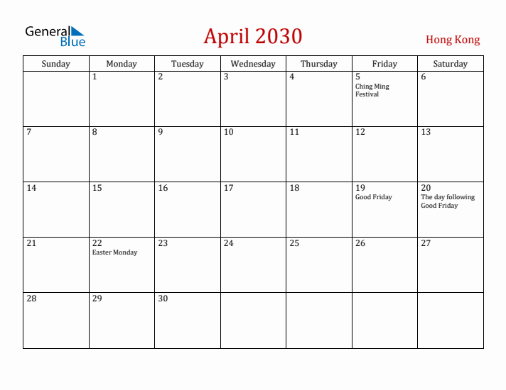 Hong Kong April 2030 Calendar - Sunday Start