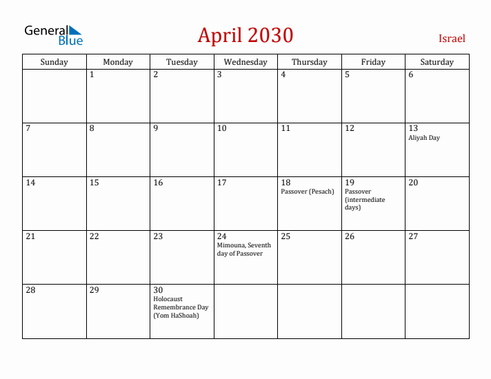 Israel April 2030 Calendar - Sunday Start