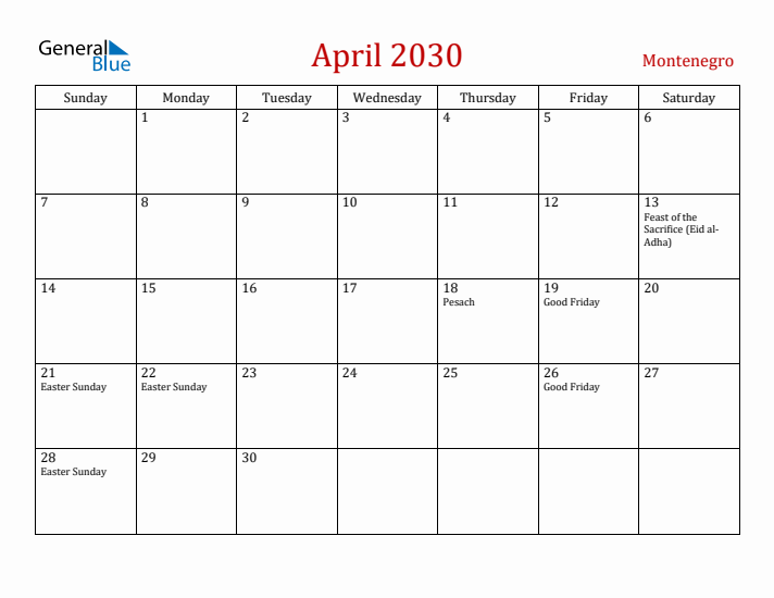 Montenegro April 2030 Calendar - Sunday Start