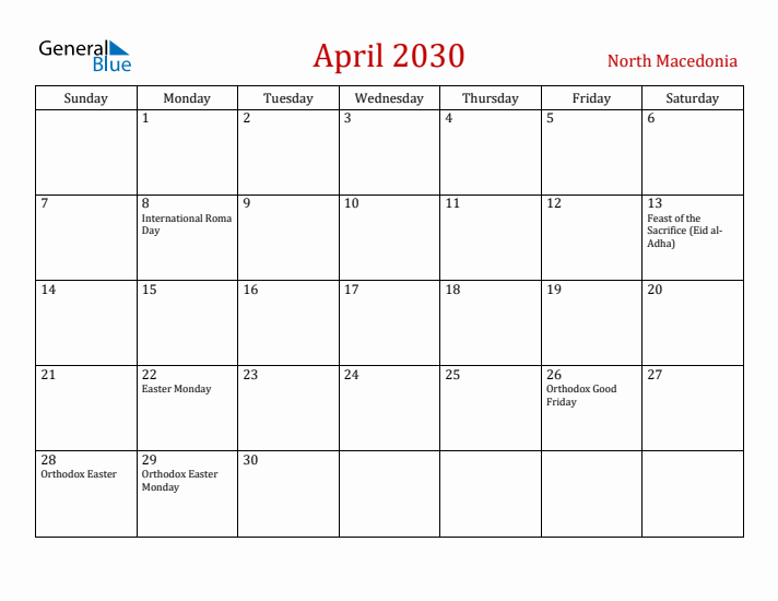 North Macedonia April 2030 Calendar - Sunday Start