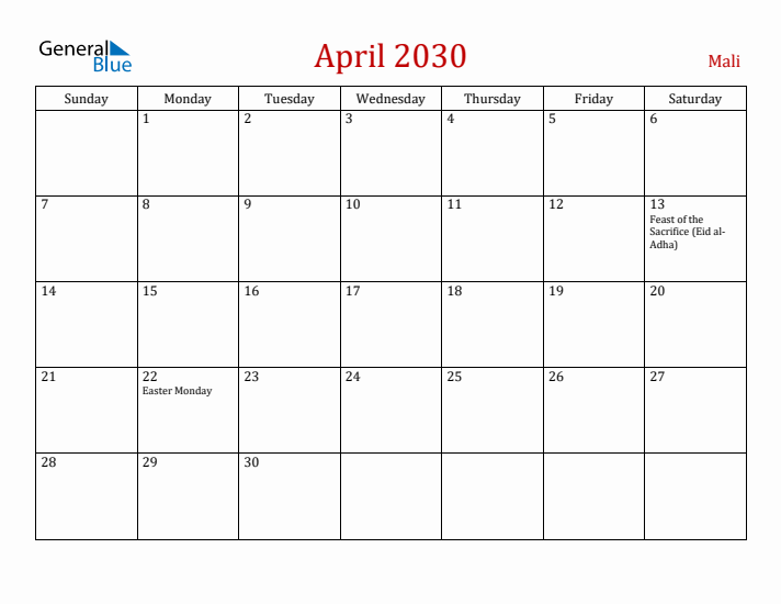 Mali April 2030 Calendar - Sunday Start