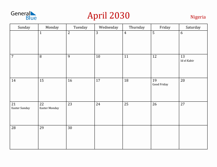 Nigeria April 2030 Calendar - Sunday Start