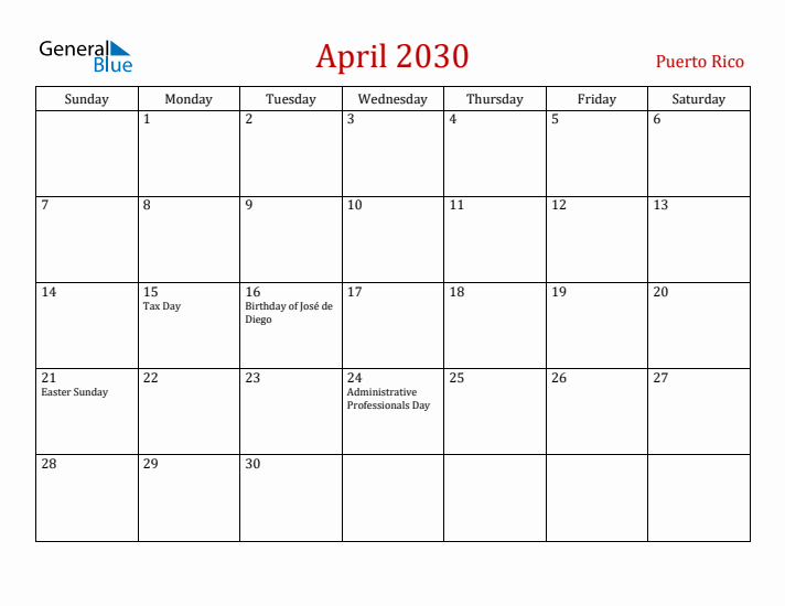Puerto Rico April 2030 Calendar - Sunday Start